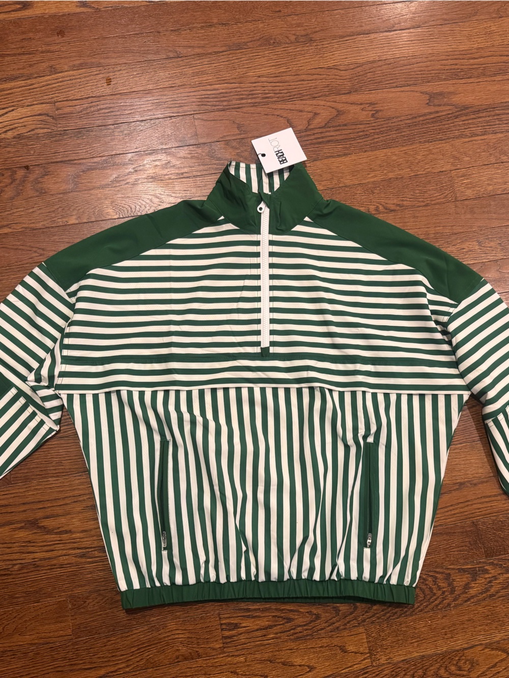 NWT size S Women’s Beach Riot Green/White Striped Half-Zip Pullover Windbreaker